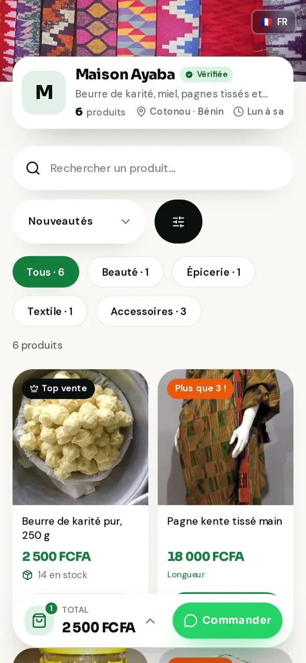 Page d'une boutique WaShop sur mobile : catégories, produits et panier avec le bouton Commander